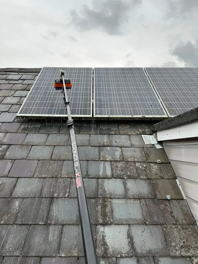 Water-fed pole brush cleaning solar panels on a roof