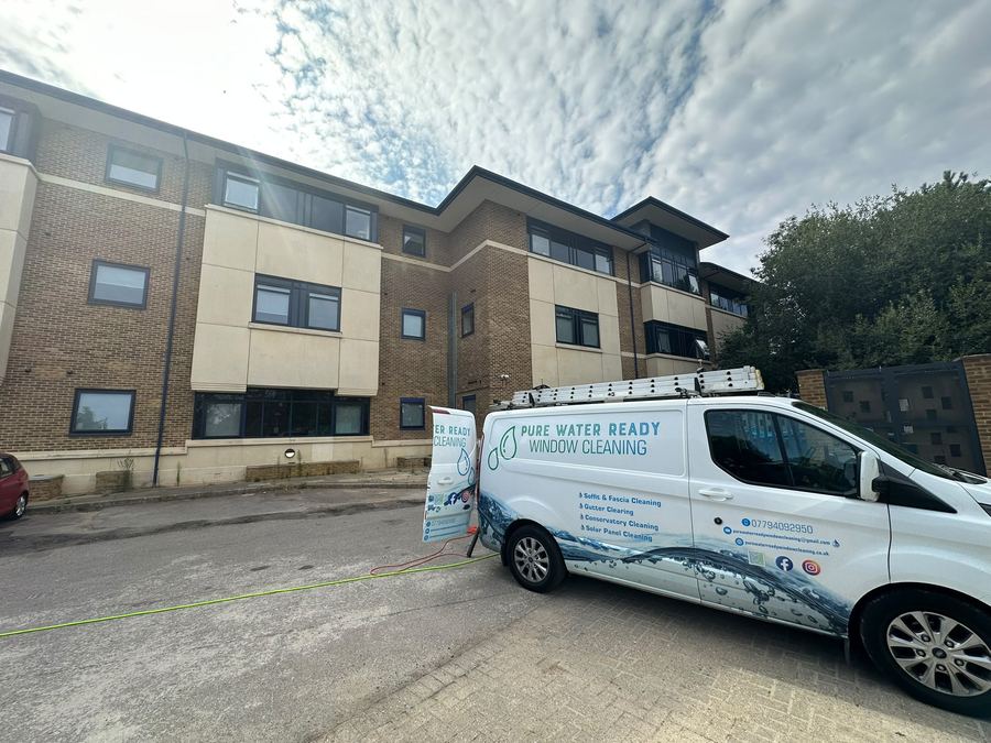 Pure Water Ready van parked outside a commercial cleaning job
